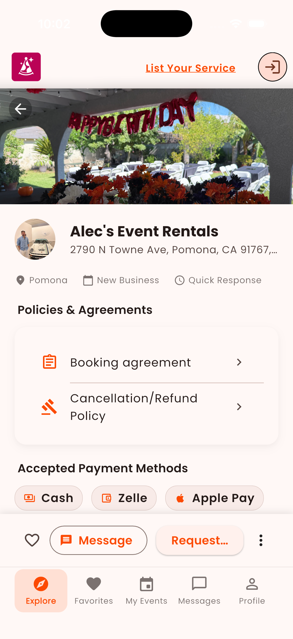 Rent Fiesta pricing view on mobile